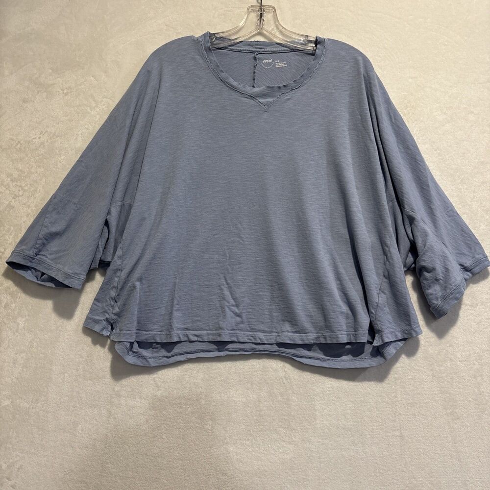 Aerie Women Medium Tee Summer House Oversized Raw Edge Crew Top Blue 3/4 Sleeve